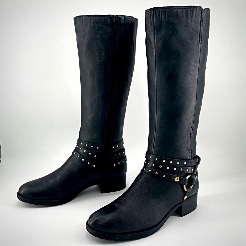 Nine West Studded Leather Motorcycle Knee High Harness Biker Boots